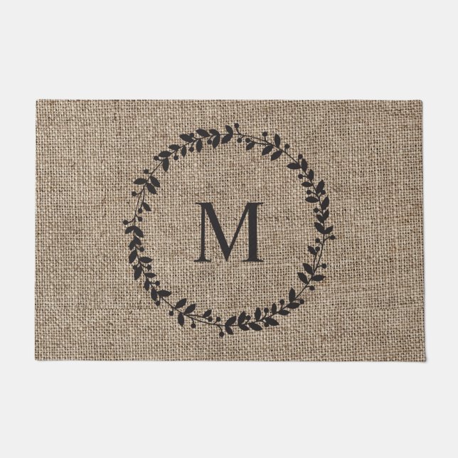 Tapete Rustic Laurel Wreath Farmhouse Burlap Monogramed (Frente)