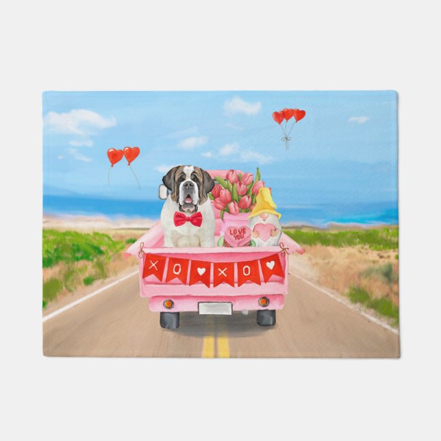 Tapete Santo Bernard Dog Dia de os namorados Truck Hearts (Frente)