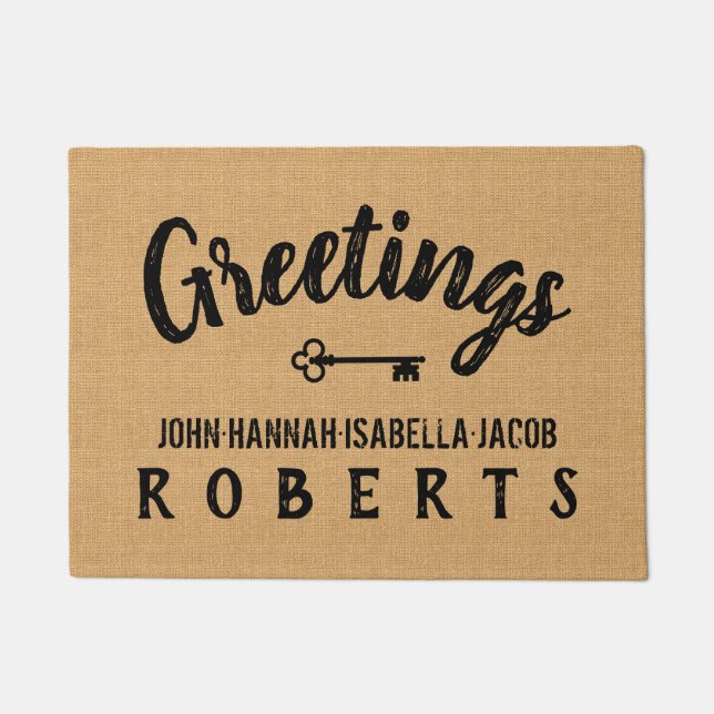 Tapete Saudações Burlap Farmhouse Feedsack Personalizado (Frente)