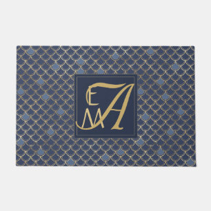 Tapete Sereia Escala Monograma Marinho Azul Dourado Casa