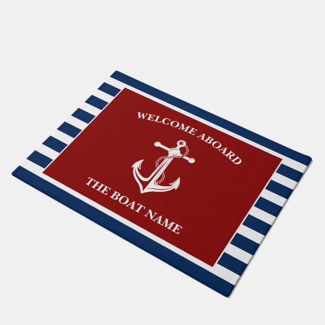 Tapete Seu nome de barco Anchor Blue Red Welcome Aboard (Inclinado)