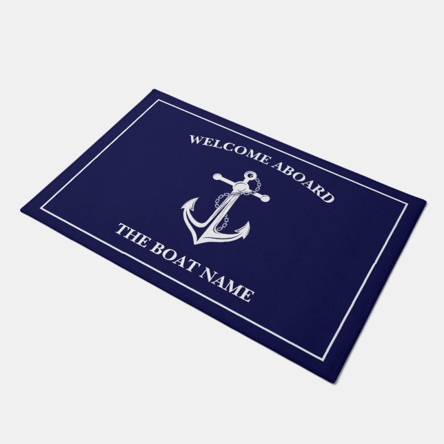 Tapete Seu nome de barco Anchor Blue Welcome Aboard Doorm (Inclinado)