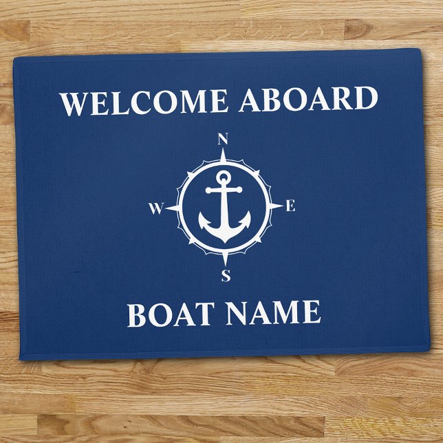 Tapete Seu nome de barco Compass Anchor Blue Welcome Aboa (Criador carregado)