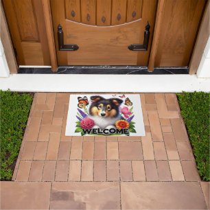 Tapete Shetland Sheepdog com Flores e Borboletas