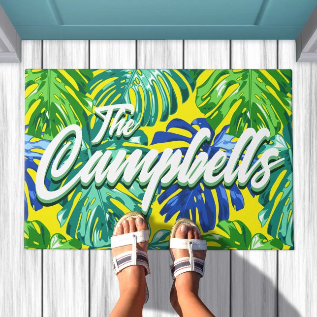 Tapete Sobrenome Tropical Azul Amarelo Amarelo Folha (Tropical leaves doormat in yellow & green, edit script to say your family name)