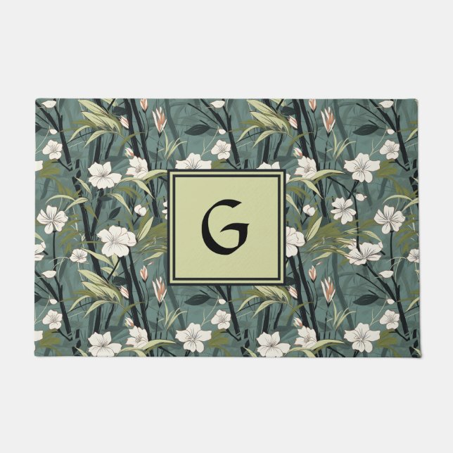 Tapete Teal Green Chinoiserie Floral White Initial  (Frente)