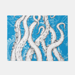 Tapete Tentáculos Brancos Octopus Vintage Map Azul Náut