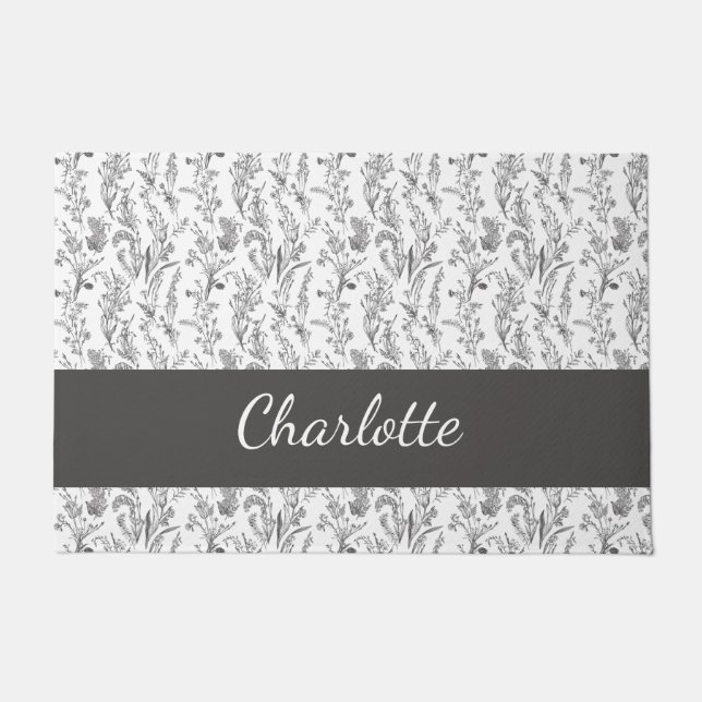Tapete Toalete Floral Preto Branco Nome Personalizado (Frente)