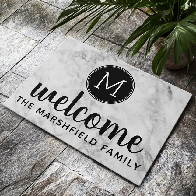 Tapete Trendy Faux Marble com Monograma Personalizado da  (Custom Welcome Mat)