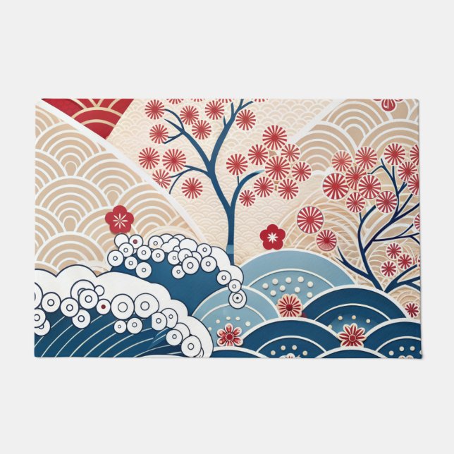 Tapete Trendy Modern Japanese Wave & Sakura Pattern  (Frente)