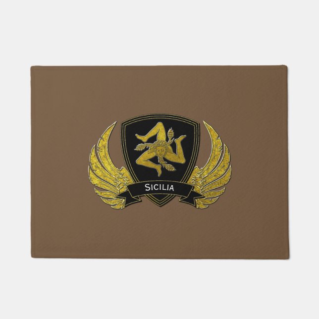 Tapete Trinacria siciliano no ouro seu fundo do texto (Frente)