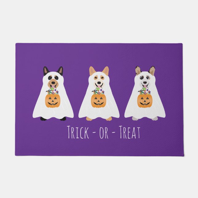 Tapete Truque Ou Tratar Cães Fantasmas De Corgi Halloween (Frente)