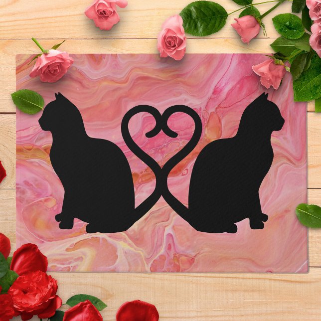 Tapete Two Cats Heart Tails on Pink Marble (Romantic Cat Silhouette Doormat surrounded by Roses)