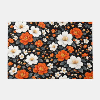 Tapete Vibrantes Flores Laranja e Brancas sobre Preto