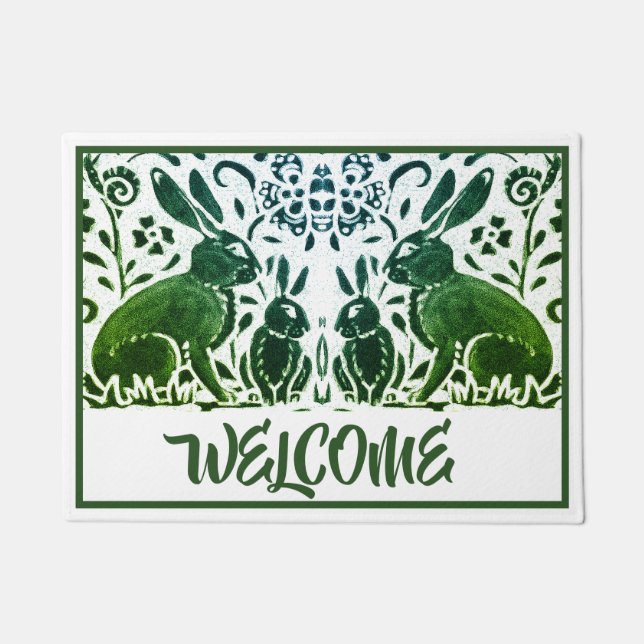 Tapete Vintage Green Rabbit Hare Foliage Welcome (Frente)