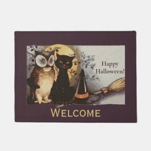 Tapete Vintage Halloween Black Cat & Owl Witl Hat Moon