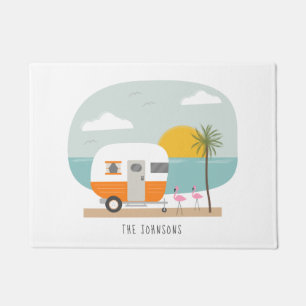 Tapete Vintage Orange Camper Beach Flamingos