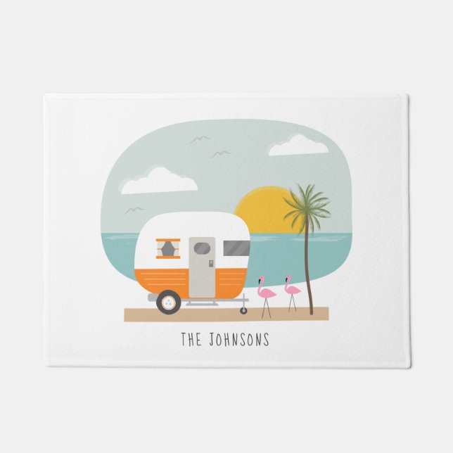 Tapete Vintage Orange Camper Beach Flamingos (Frente)
