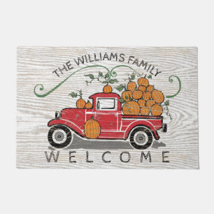 Tapete Vintage Red Truck Pumpkins Monograma Bem-vindo