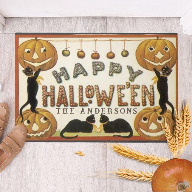 Tapete Vintage Retro Pumpkins and Cats Custom Halloween (Vintage Retro Pumpkins and Cats Custom Halloween Doormat - Add your family name or custom text.)