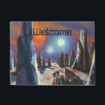Tapete Vintage Science Ficting Planeta Estrangeiro com Al<br><div class="desc">É fácil personalizar este tapete de boas-vindas com o seu texto personalizado! Ilustração vintage: planetas futuristas de ficção científica e imagem espacial. Um clássico 50 de quadrinhos retrô com aliens de ficção científica olhando para vários sóis em um planeta com formações geológicas de rocha altas.</div>
