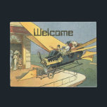 Tapete Vintage Science Fiction Steampunk Carro Convertíve<br><div class="desc">É fácil personalizar este tapete de boas-vindas com o seu texto personalizado! Ilustração venenosa viagem futurista vitoriana e ficção científica de transporte design com asas a vapor-punk apresentando um carro voador conversível. O motorista está prestes a aterrissar seu carro futurista (ou é um avião) na loja de chocolate no futuro....</div>