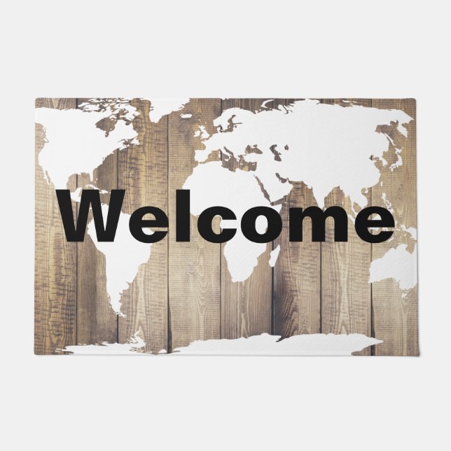 Tapete White World Map Rustic Wood Planks Bem-Vindo (Frente)