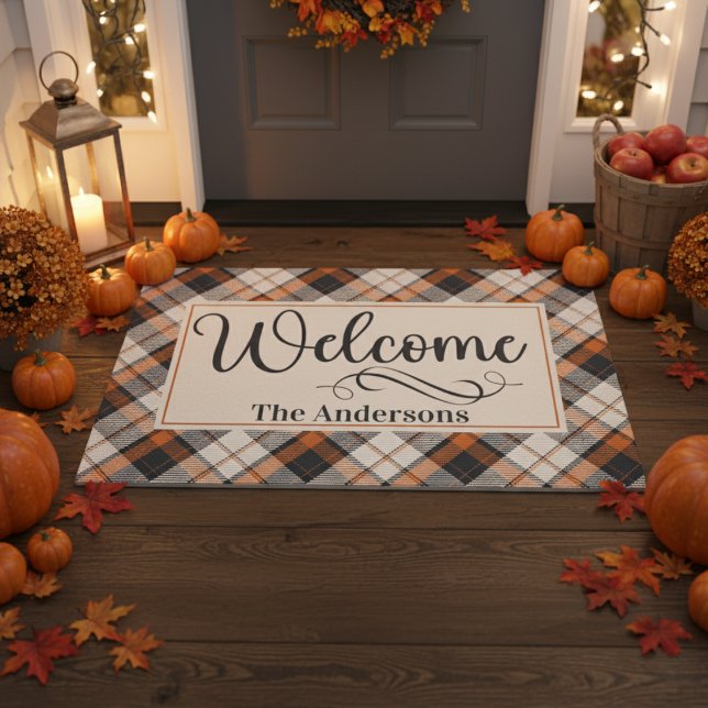 Tapete Xadrez de outono - Boas-vindas personalizadas (Fall Plaid Custom Welcome Doormat)