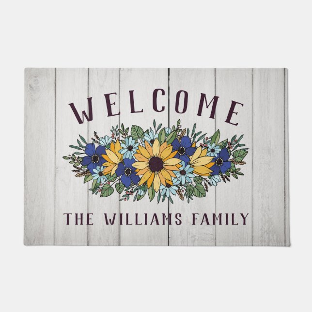 Tapete Yellow Blue Sunflower Bouquet White Wood Welcome (Frente)