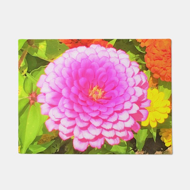 Tapete Zinnia rosa redonda bonito no Jardim de Verão (Frente)