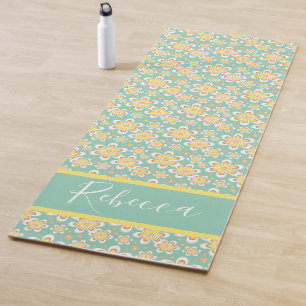 Tapetes de Yoga com Monograma Azul Flower Power