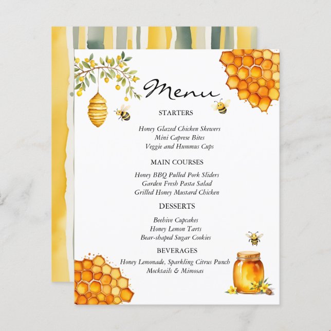 Tarjeta de menú Chá de fraldas Urso de Mel (Frente/Verso)