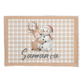 Tartan plaid reindeer snowman  beige white name