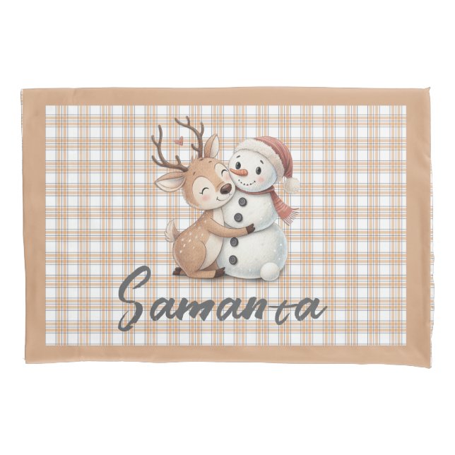 Tartan plaid reindeer snowman  beige white name (Frente)