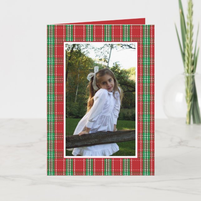 Tartan Xadrez Red Cartões de foto de Natal 1 Foto (Frente)