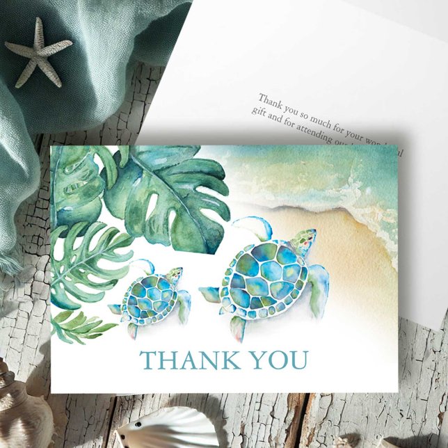 Tartaruga do mar com cor de água do Cartões de agr (Thank you card features tropical watercolor sea turtle art by Victoria Grigaliunas of DoTellABelle)