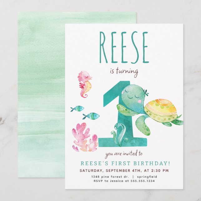 Tartaruga do Mar Primeiro Convite de Aniversário (Frente/Verso)