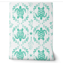 Tartarugas Marinhas e Coral em Verde Menta em Aqua