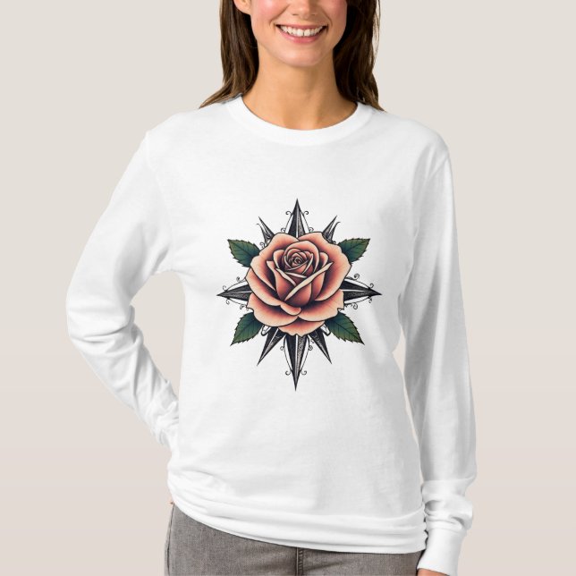 Tattoo Style Rose Compass T-Shirt Design (Frente)
