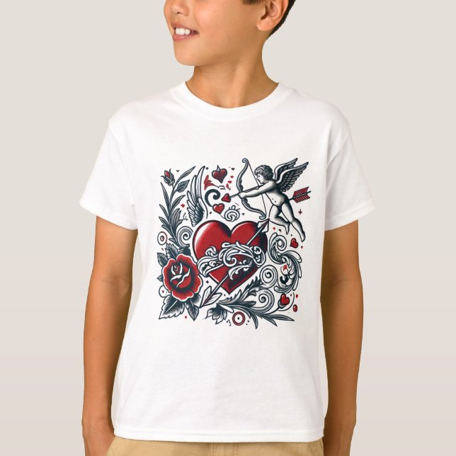 Tatuagem Clássica Amor: Design de Camisa T Cupida  (Frente)