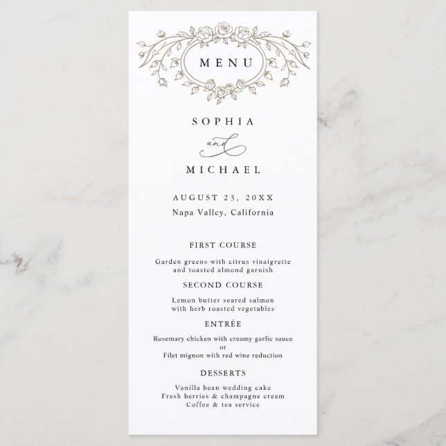Taupe Floral Line Art Wedding Flat Menu (Frente)