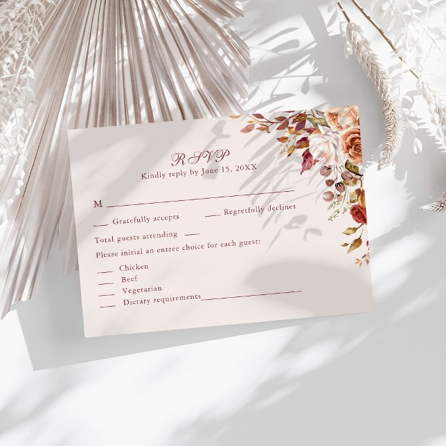 Taupe Floral Wedding RSVP Card Elegant Response (Taupe Floral Wedding RSVP Card Elegant Response on a sunny table with neutral dry botanicals)