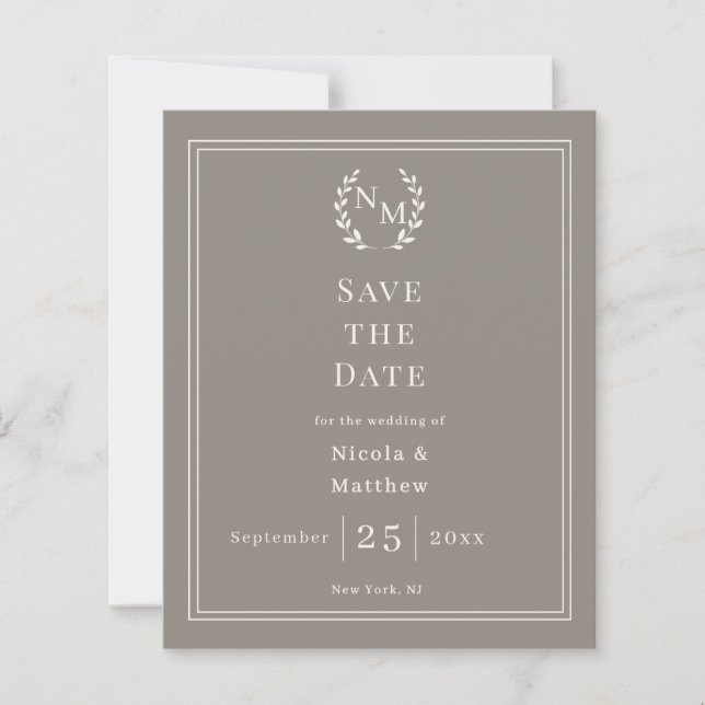 Taupe Ivory grinalda monograma casamento Save the  (Frente)