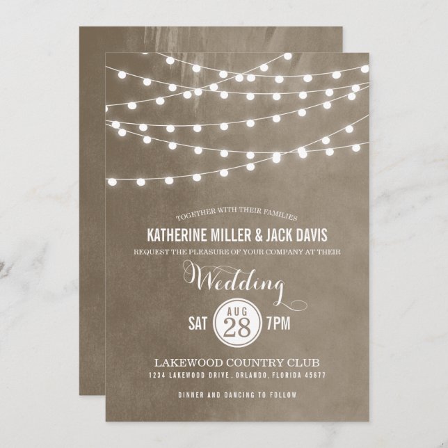 Taupe String Luzes Convite De Casamento (Frente/Verso)