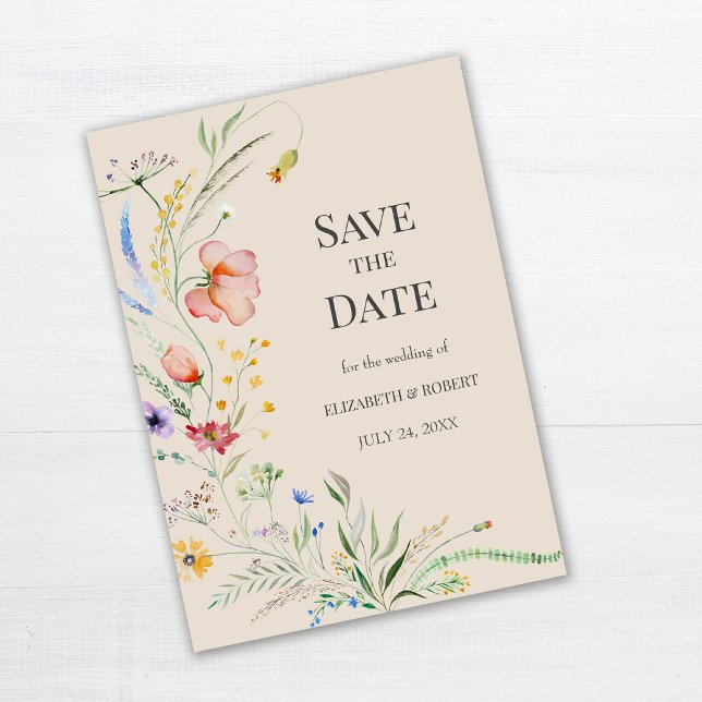 Taupe Watercolor Selvagens Salva O Cartão De Data (Taupe Watercolor Wildflowers Save The Date Card on white wooden table.)