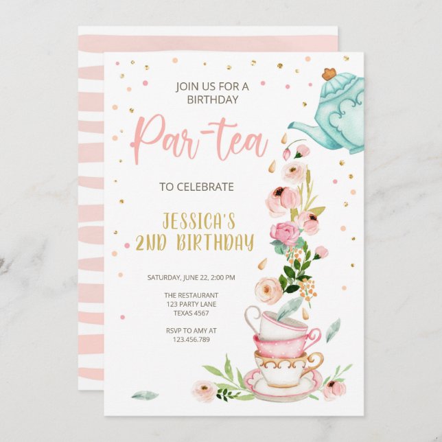 Tea Birthday Convite Rapariga Festa Par-tea Floral (Frente/Verso)
