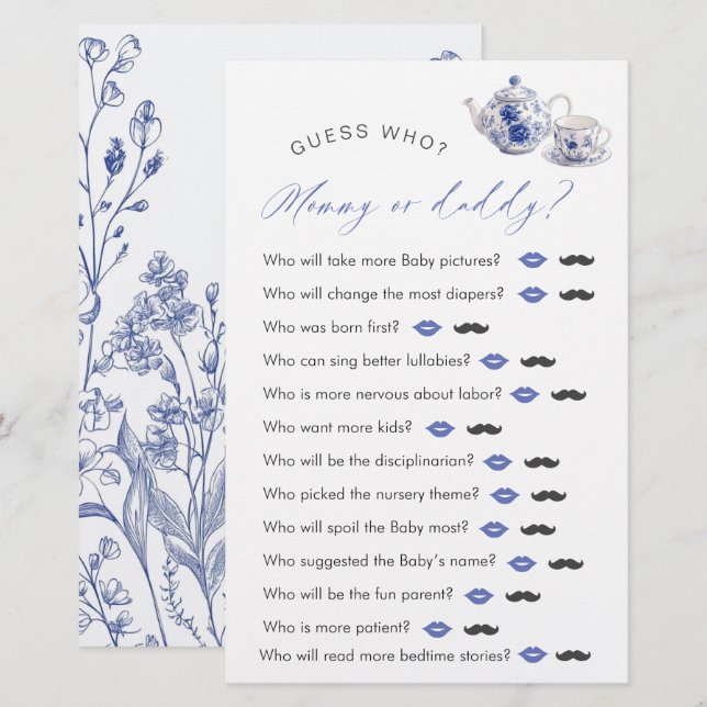 Tea Time Toile - O Chá de fraldas "Adivinha Quem" (Frente/Verso)