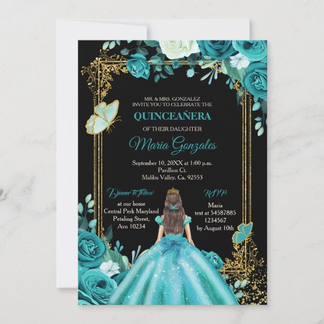 Teal Aqua Mexicana Quinceanera Butterfly Convite (Frente)