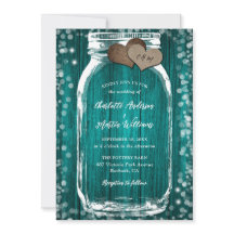 Teal Barn Wood Hearts Mason Jar Wedding Convite