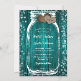Teal Barn Wood Hearts Mason Jar Wedding Convite